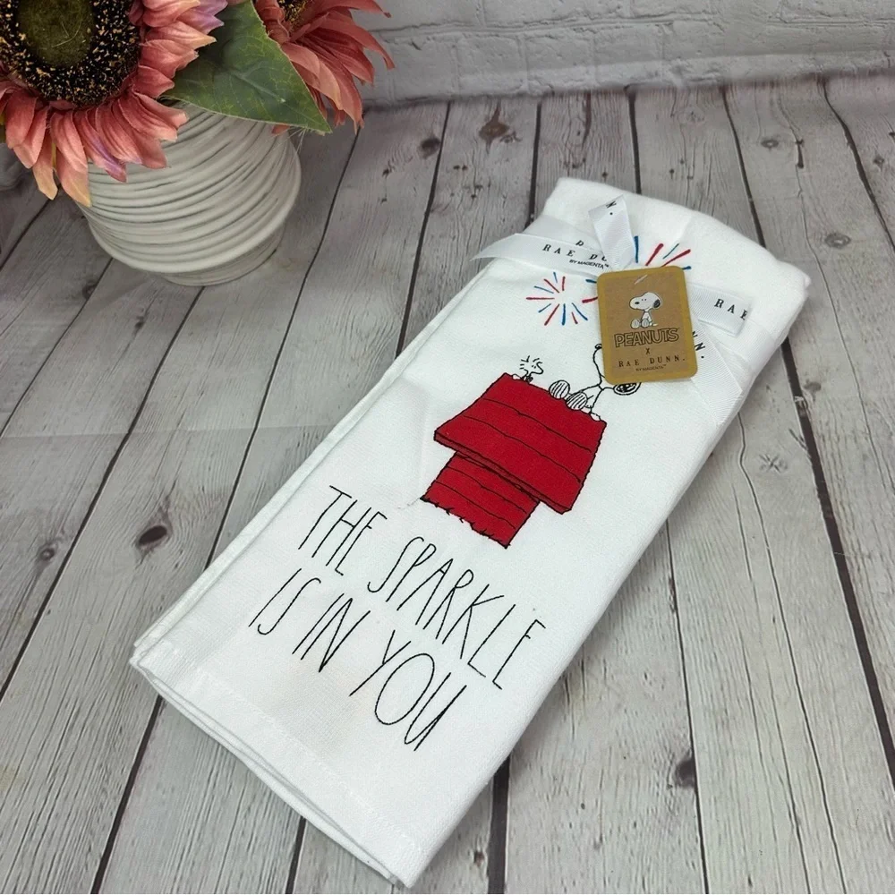 NWT Rae Dunn White & Peanuts collaboration kitchen Towel the sparkle is in you
